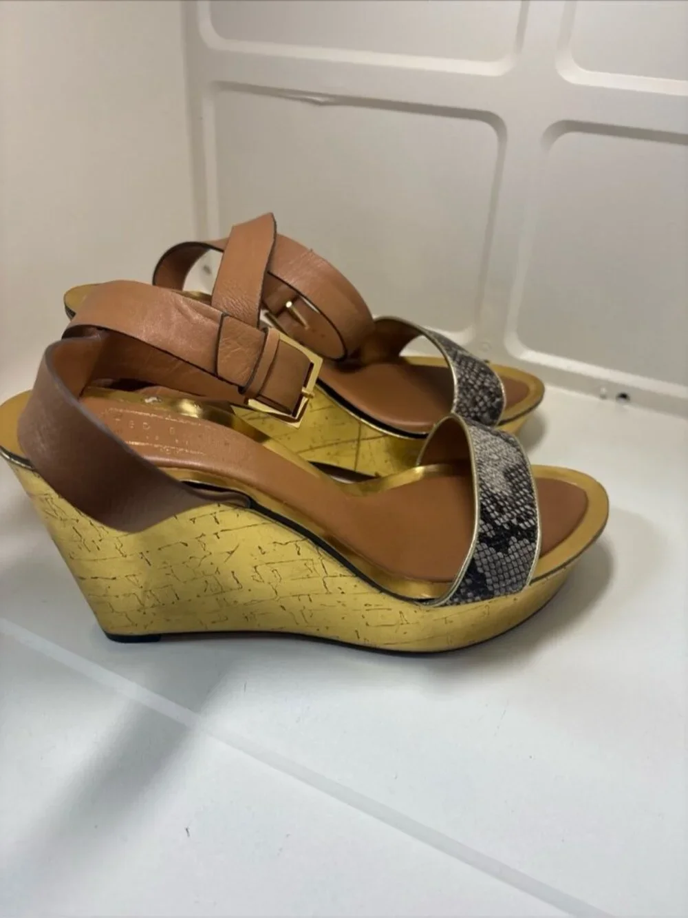 Ted Baker Gold-Platform Wedge with Brown Ankle Strap and Snake-Print Toe